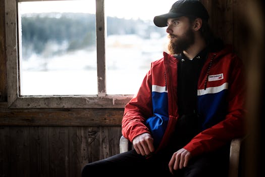 一名穿着冬装的男子坐在窗前，室内映照出宁静的雪景