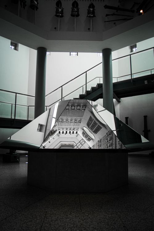 Free Black and white mirror installation indoors with reflective pillars in Leeds, UK. Stock Photo