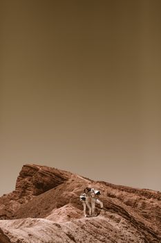 Two astronauts pose on a barren landscape resembling Mars.