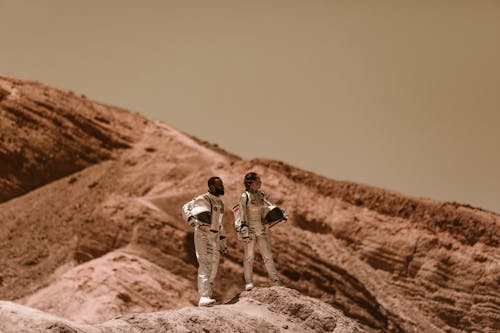 Free Astronauts Standing on Dry Ground looking Afar Stock Photo