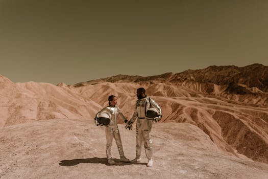 Two astronauts standing on barren desert landscape, holding helmets amidst arid, Mars-like terrain.