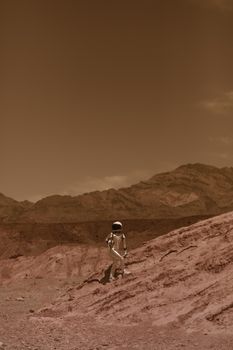 An astronaut stands on a barren, Mars-like terrain with hills in the background, evoking a sense of interplanetary exploration.