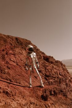 Female astronaut in silver spacesuit explores rocky alien terrain, evoking interplanetary adventure.