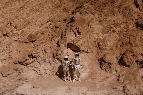 Astronauts Wearing Silver Outfits, Standing against a Brown Rock