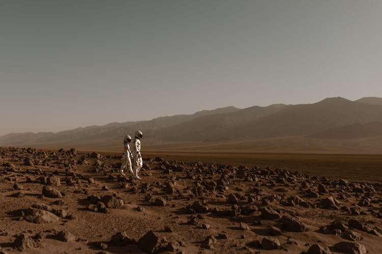 Astronauts Walking In A Barren Landscape