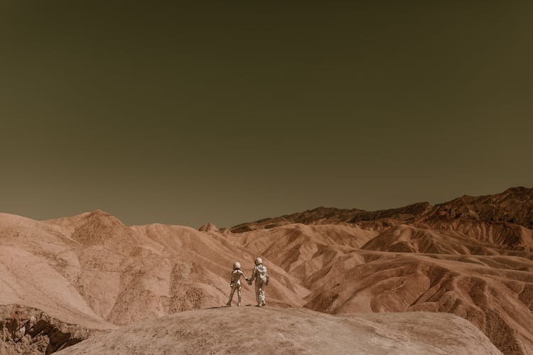 Astronauts Holding Their Hands Walking Together On Outer Space