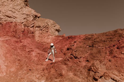 Astronaut in spacesuit exploring a desert-like landscape resembling Mars with rocky formations.