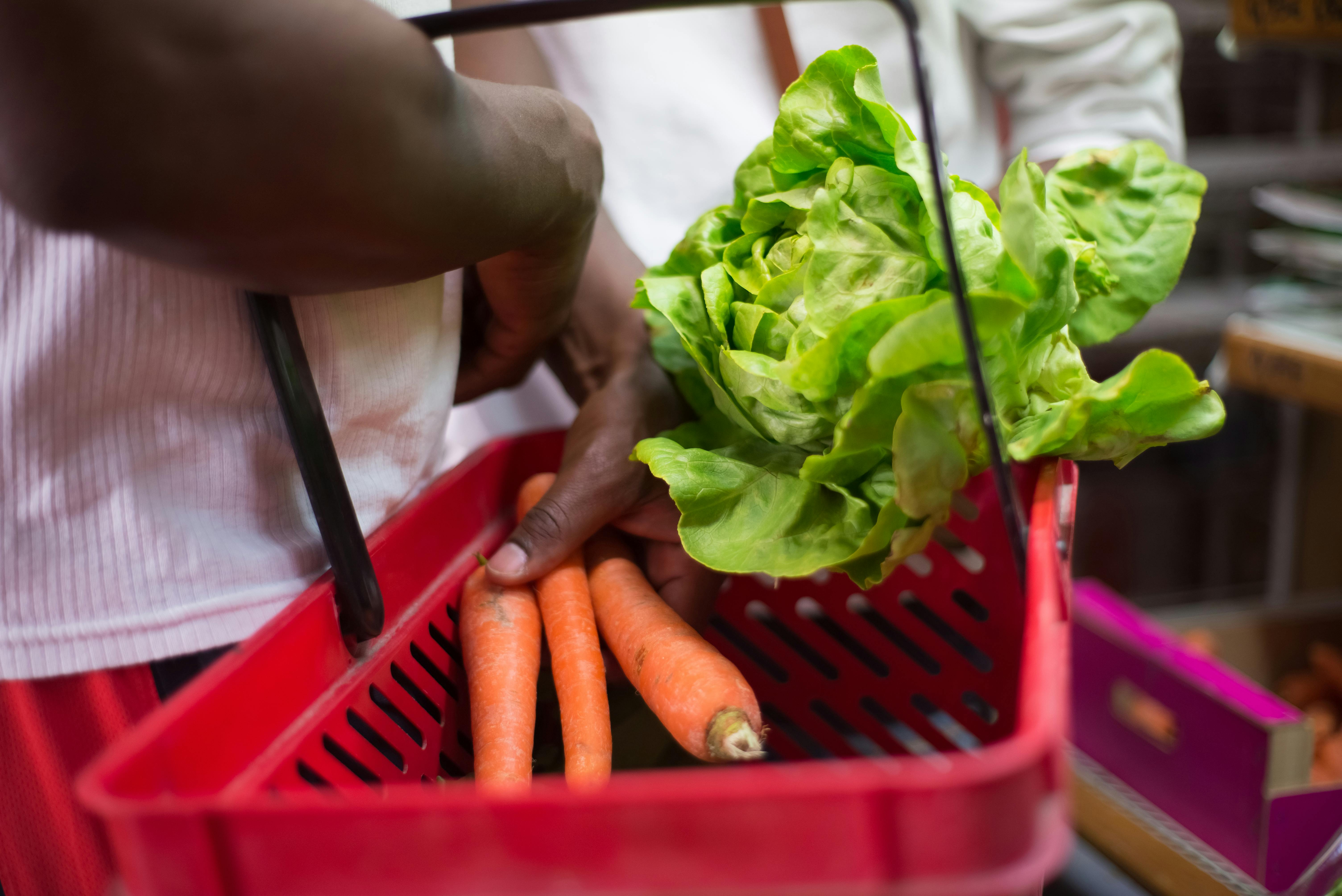 Hands holding red basket with fresh lettuce and carrots in a supermarket setting.