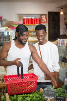 A happy couple enjoys grocery shopping at a local store, experiencing the joy of togetherness.