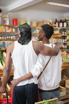A couple shares a moment while shopping in a local grocery store together.