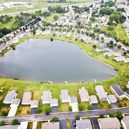 Aerial View of a Lake in a Village
