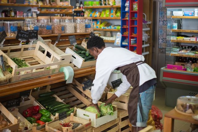 Commerçant sélectionnant des légumes frais chez un primeur à Gujan-Mestras