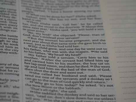 A detailed shot of text from the Bible, suitable for religious study and education.