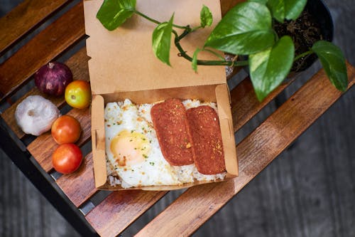 Free Egg and Meatloaf in a Take Out Box Stock Photo