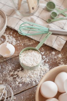 Top view of baking ingredients including eggs, flour, and tools on a rustic wooden table.