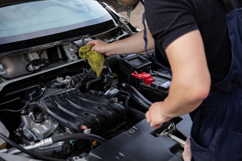 Clean service bay with a vehicle prepared for inspection