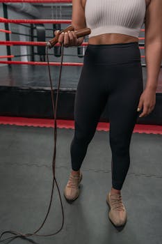 Strong woman holding a jump rope in a boxing gym, showcasing fitness and strength.