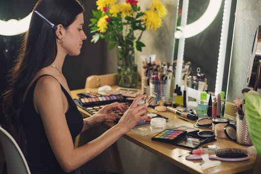 A woman prepares her makeup in a stylish indoor setup, surrounded by beauty products.