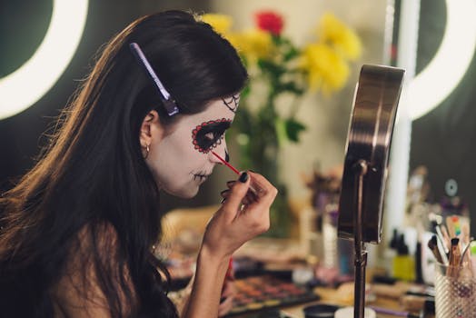 Hispanic woman applies Catrina makeup for Dia de los Muertos celebration.