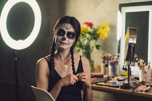A woman with Catrina face paint prepares for Dia de los Muertos indoors.