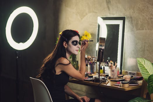 A woman in a black dress applies Halloween makeup by a mirror with cosmetics and a ring light.