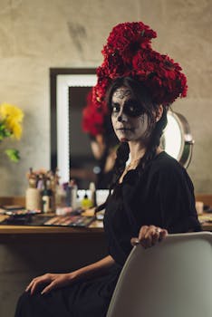 Woman with catrina face paint and floral headdress sitting indoors, reflecting Mexican cultural traditions.