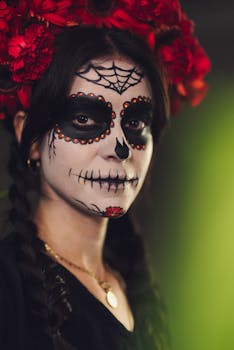 Striking portrait of a woman with Catrina face paint and a red flower crown, celebrating Dia de los Muertos.