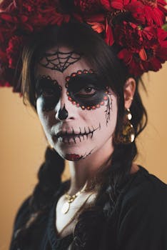 A woman in traditional Day of the Dead costume with calavera makeup and floral headdress.