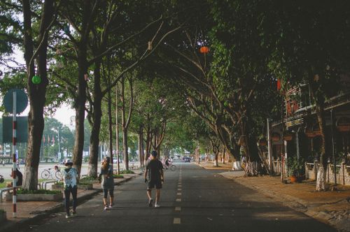 Free Pedestrians enjoy a walk along a tree-lined street in Buon Ma Thuot, Vietnam. Stock Photo