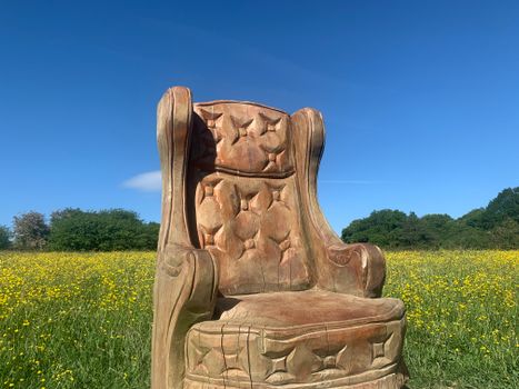 A rustic handmade wooden chair in a blooming meadow under a clear blue sky.