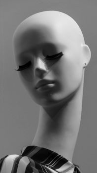 Stylized monochrome portrait of a mannequin head against a gray backdrop, with artistic shadows.