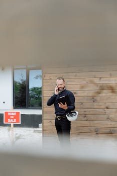 Real estate agent holding phone and clipboard in front of a house with for sale sign.