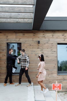 Three masked individuals greet outside a modern house for sale, embracing pandemic norms.