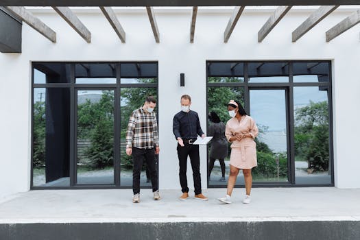 Real estate agents showing a house while maintaining safety protocols with face masks.
