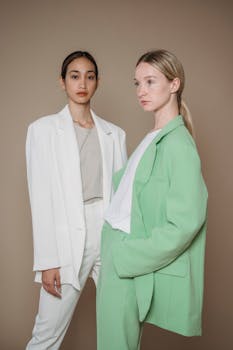 Fashionable portrait of two women wearing green and white suits on a beige background.