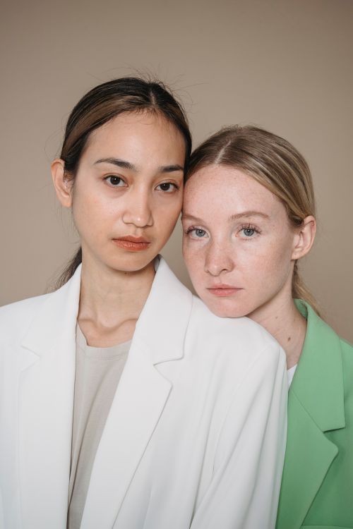 Free Sophisticated portrait of two diverse women in neutral settings, embodying style and grace. Stock Photo