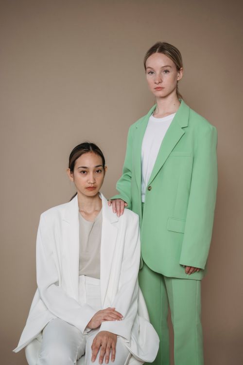 Free Two women posing in stylish suits against a neutral background, showcasing modern fashion. Stock Photo