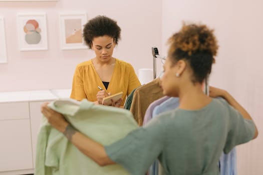 Two women collaborating on a new fashion collection, taking notes and examining garments.