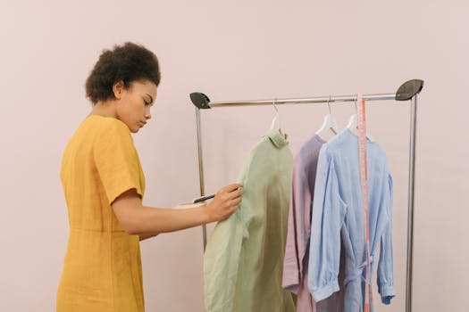 Woman checking clothing items on rack in boutique for inventory.