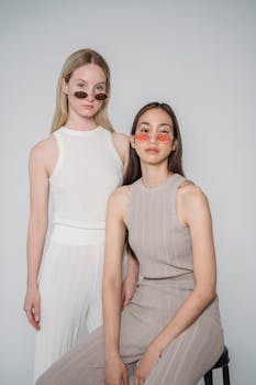 Two fashionable women posing with sunglasses in a studio setting, showcasing modern style.