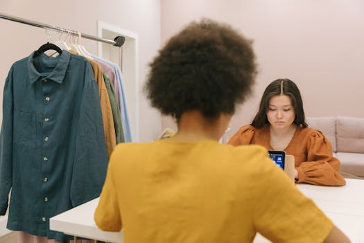 Two women working in a styled workspace with clothes rack and device focus.