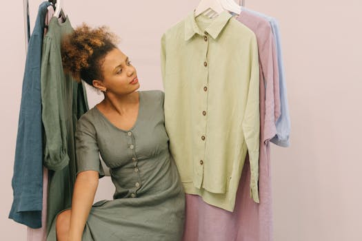 Woman in a boutique admiring beautiful linen clothes on hangers.