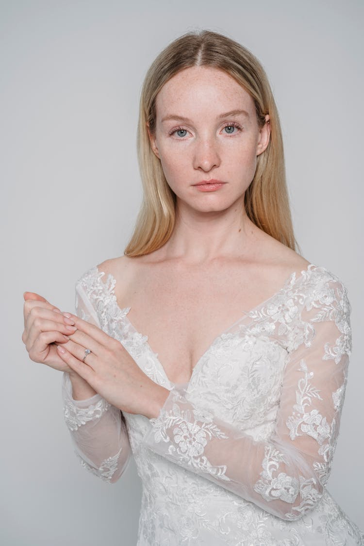 Woman In White Lace Bridal Dress