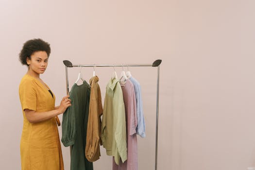 African American woman in a fashion boutique showcasing colorful garments on a rack.