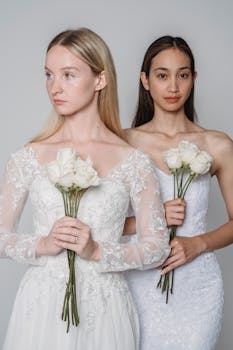 Two bridesmaids in lace wedding gowns holding white rose bouquets, captured against a neutral backdrop.