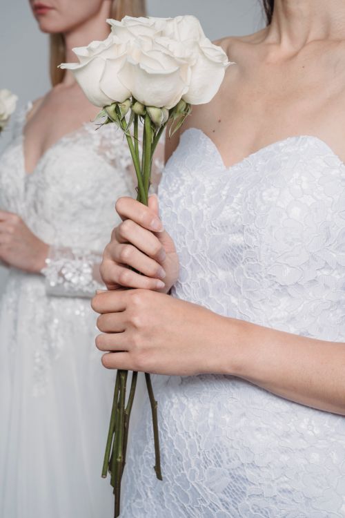 Free Close-up of brides in lace gowns holding white rose bouquets. Perfect for wedding themes. Stock Photo