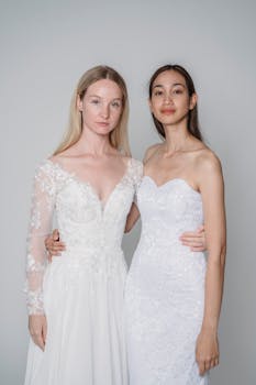 Two brides elegantly pose in white gowns, showcasing unique bridal styles and diversity.