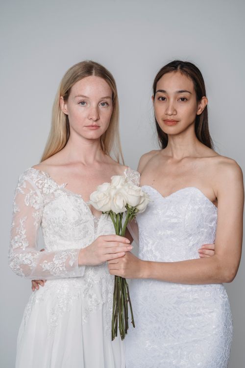 Free Two brides in elegant white dresses holding white roses against neutral background. Stock Photo
