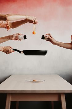 Creative culinary illustration showcasing hands cooking an egg with vibrant background.