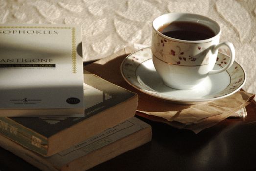 A still life featuring a floral tea cup on saucer beside a stack of classic books in warm light.